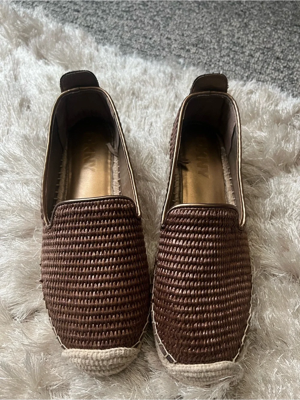 DKNY Brown Woven Espadrille Slip-Ons with Natural Jute Toe